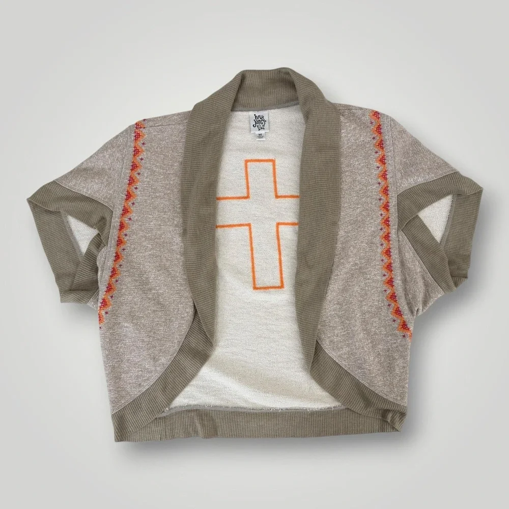 Ivy Jane Shrug Sweater Womens M Gray Embroidered Cross Open‎ Knit Boho